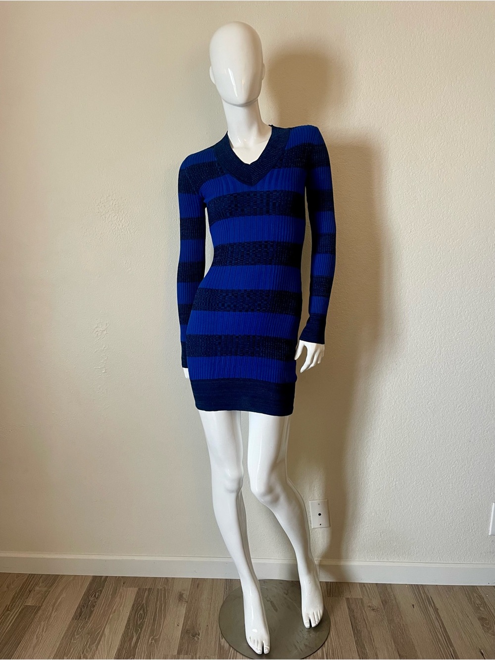 Planet Gold Blue and Navy Striped V-Neck Knit Mini Dress